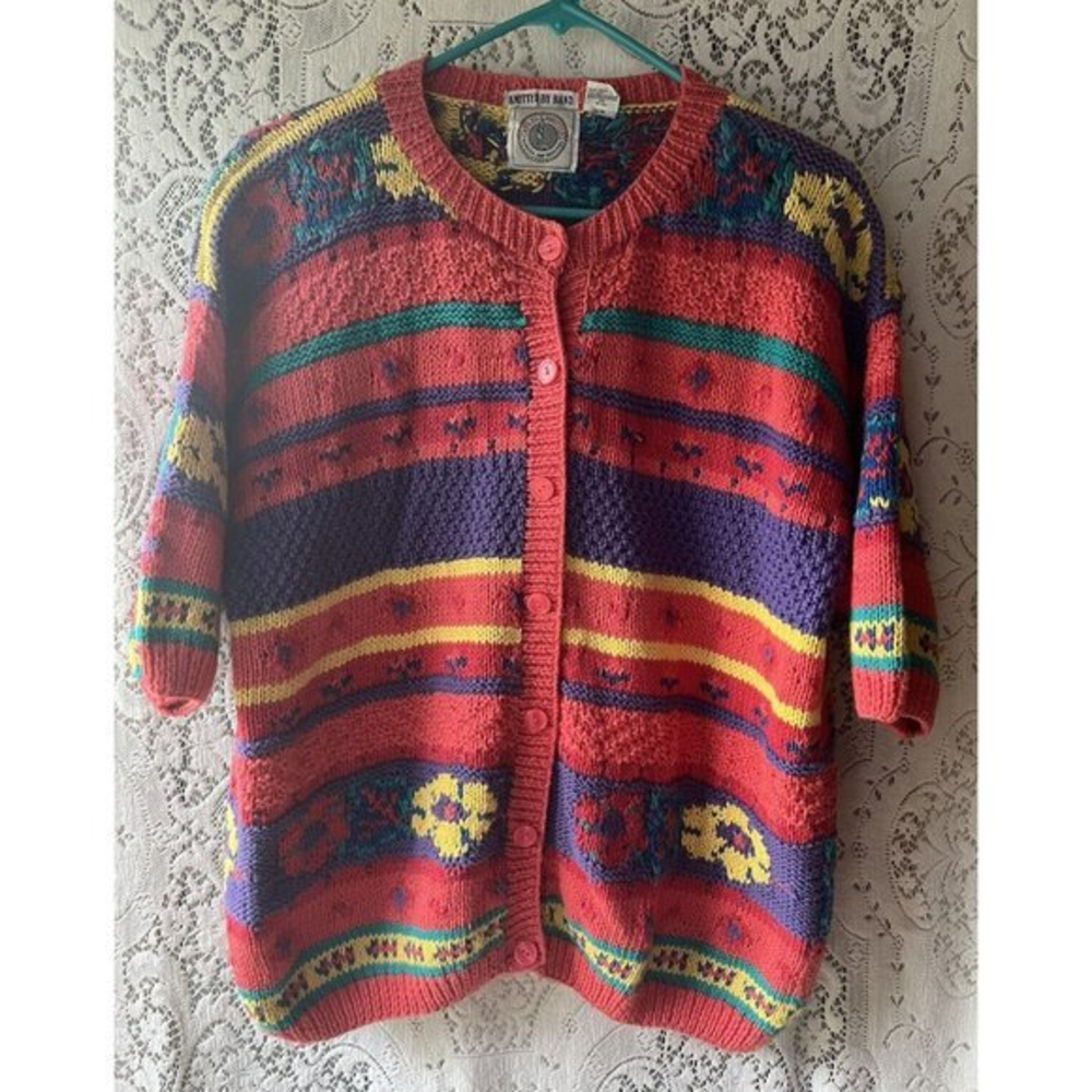 90s HAND KNIT Cape Isle Knitters Floral‎ Vibrant Short Sleeve Cardigan Size S